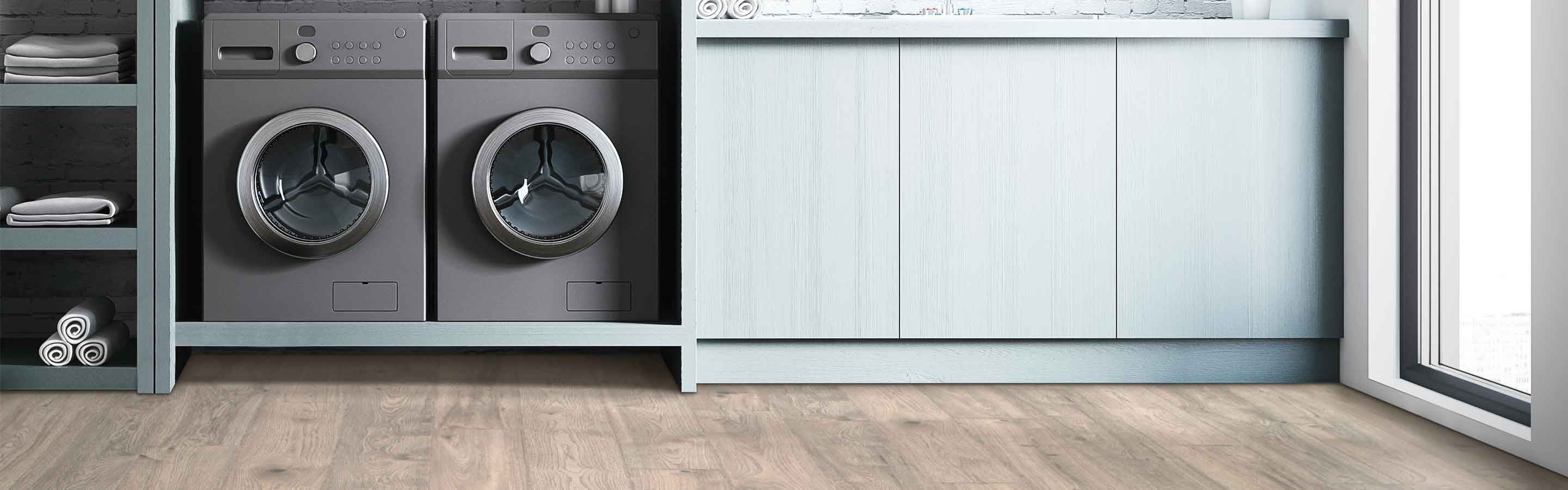 wood look laminate flooring in a laundry room